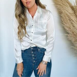VINTAGE Shiny White Long Sleeve Crystal Black Button Down Blouse Shirt Top M